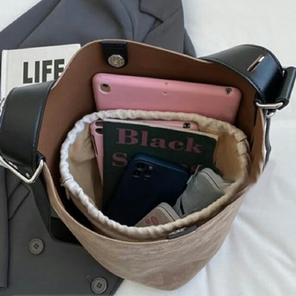 Vegan Leather Suede Bucket Hobo Tote Y2K Chic Casual Shoulder Bag - Picture 8 of 8